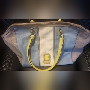 Guess Tisbury Handbag Purse Satchel Faux Snake Blue, Grey With Lime Green Trim